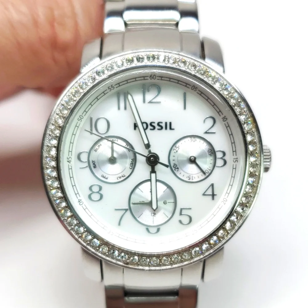 Fossil Watch ES2967 Silver Steel  Wristband Crystal Bezel Multifunction Watch